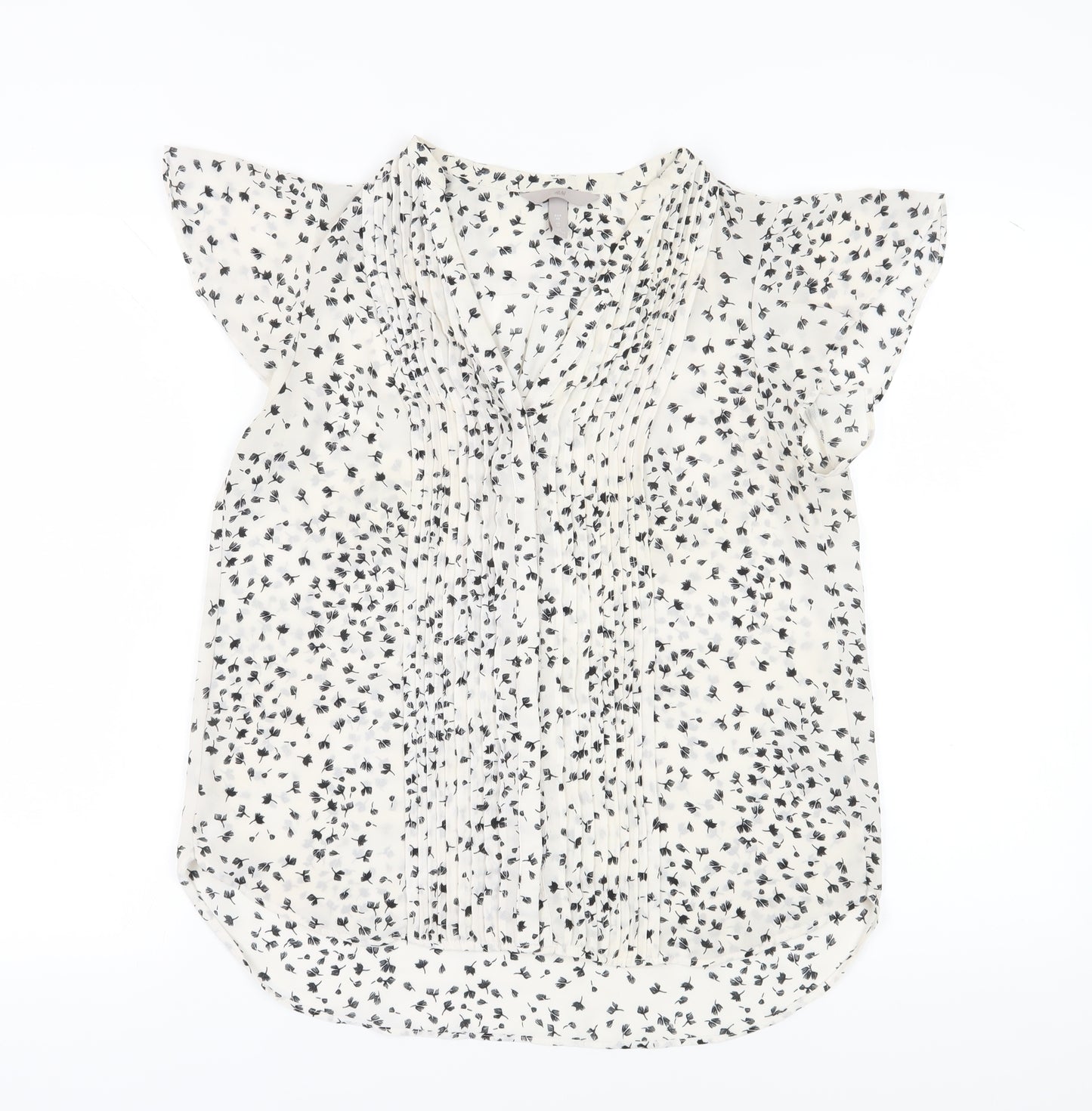 H&M Women's White Floral Blouse, Size 12, Short Sleeve
