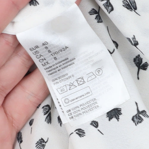 H&M Women's White Floral Blouse, Size 12, Short Sleeve