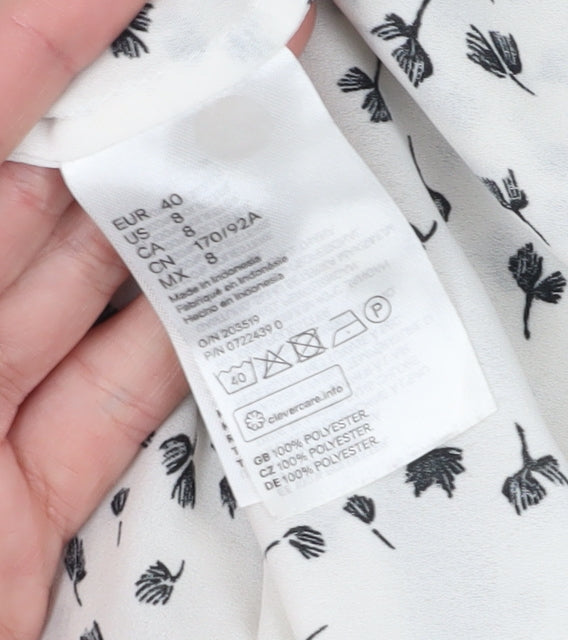 H&M Women's White Floral Blouse, Size 12, Short Sleeve