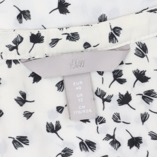 H&M Women's White Floral Blouse, Size 12, Short Sleeve