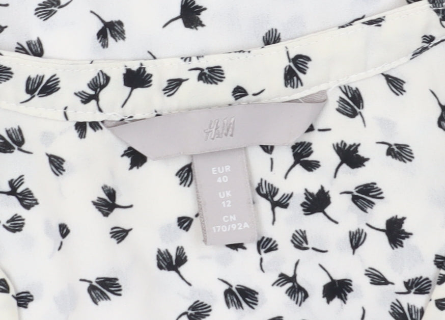 H&M Women's White Floral Blouse, Size 12, Short Sleeve