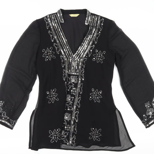 Agenda Women's Black Embroidered Blouse, Size 12