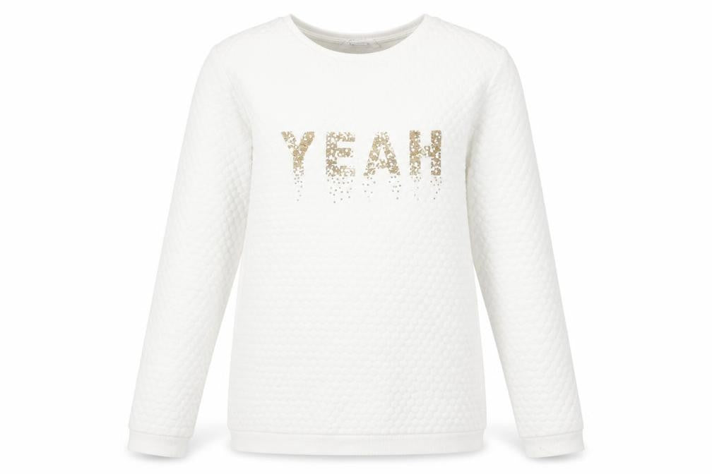 Front view of H&M girls’ white sequin pullover sweatshirt, size 12