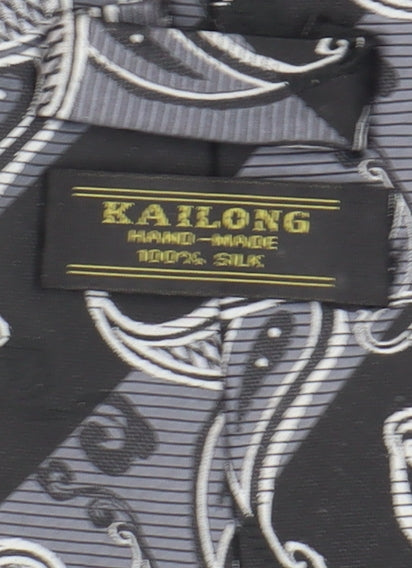 KAILONG Men's Black Silk Paisley Handmade Tie