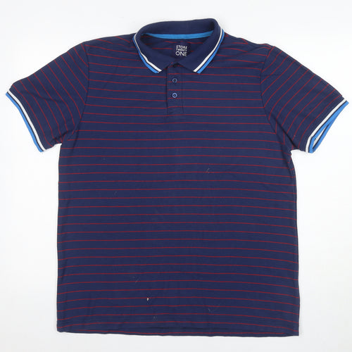 Store Twenty One Men's Blue Striped Polo Shirt L