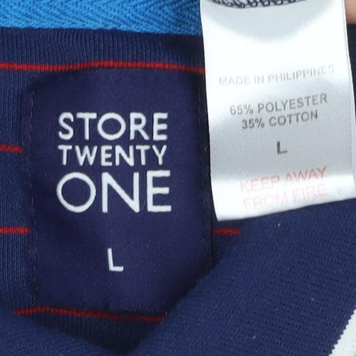 Store Twenty One Men's Blue Striped Polo Shirt L