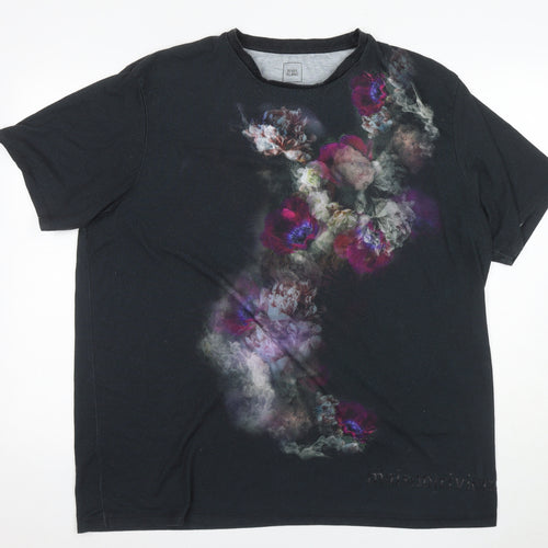 River Island Men's Black Floral Print T-Shirt, 2XL