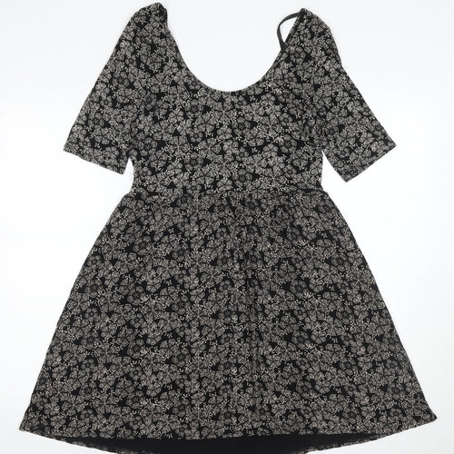 Oasis Women's Black Floral A-Line Dress M
