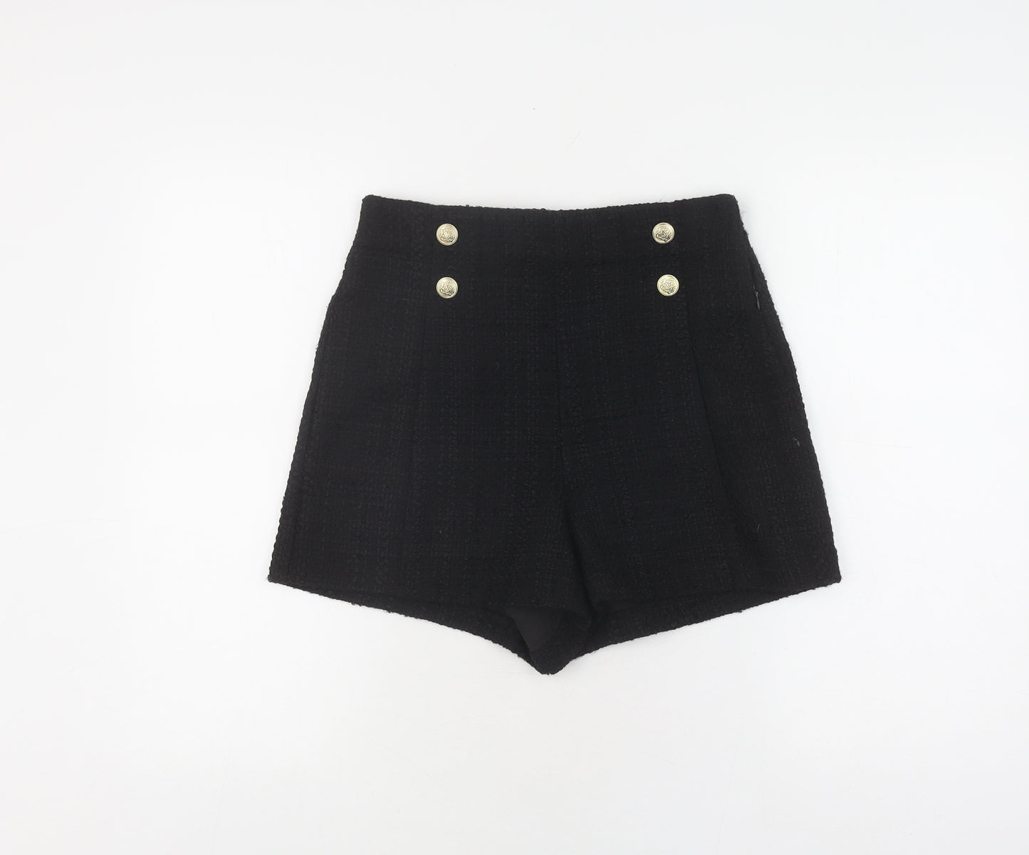 Zara Women's Black Bouclé Button High Waist Shorts Size S