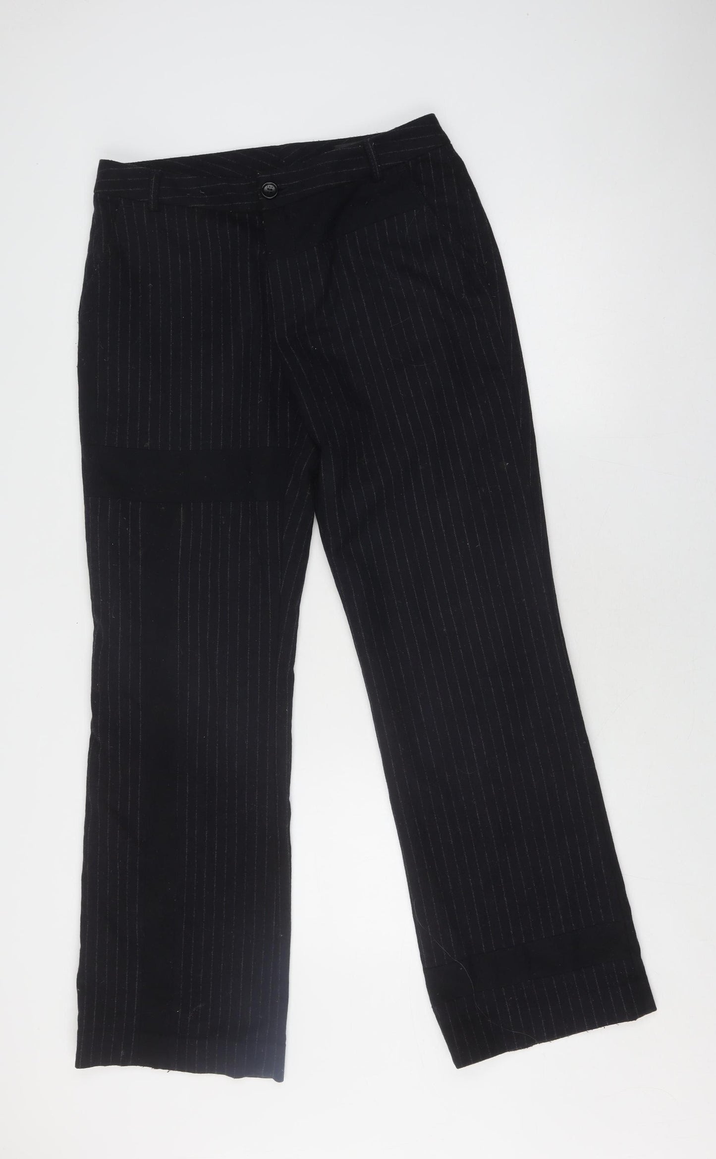 Oui Women's Black Striped Straight Trousers, Size 12