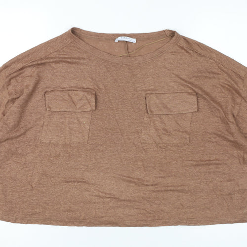 ZARA Women’s Brown Linen 3/4 Sleeve Relaxed T-Shirt