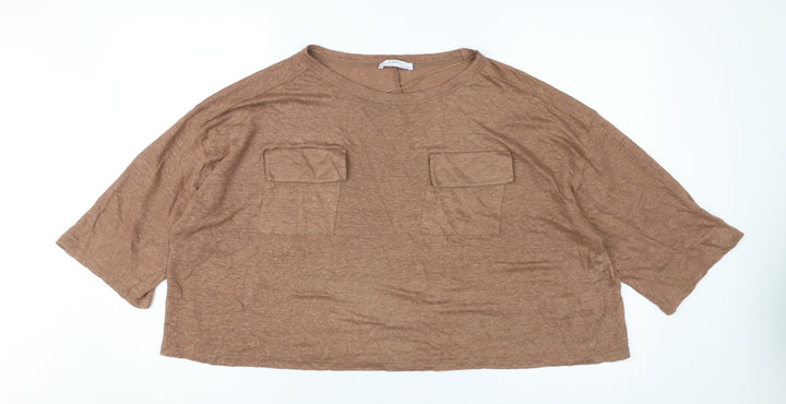 ZARA Women’s Brown Linen 3/4 Sleeve Relaxed T-Shirt