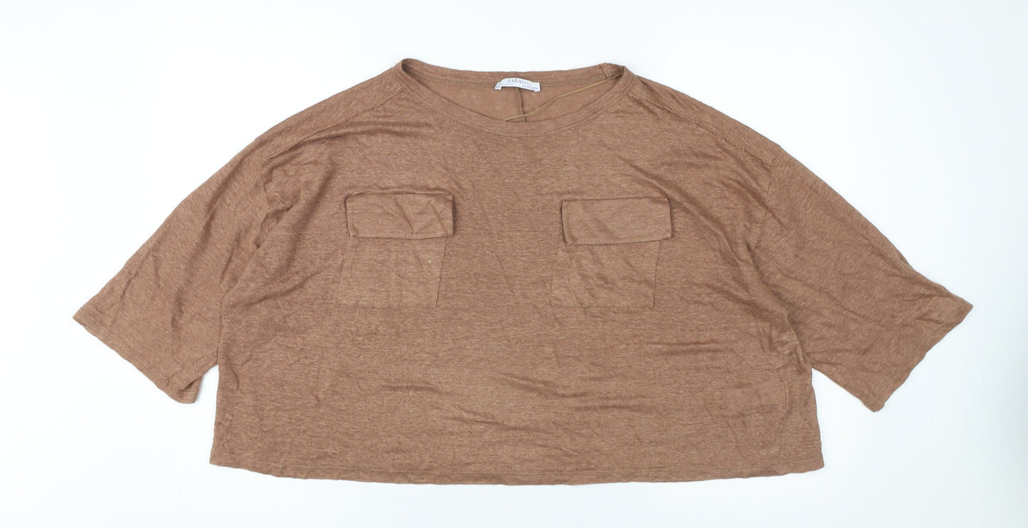 ZARA Women’s Brown Linen 3/4 Sleeve Relaxed T-Shirt