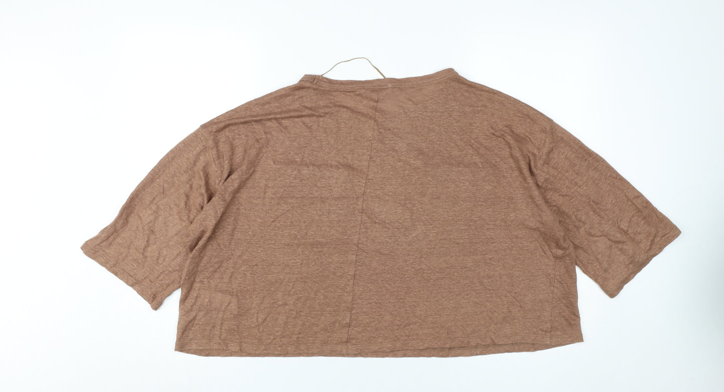 ZARA Women’s Brown Linen 3/4 Sleeve Relaxed T-Shirt