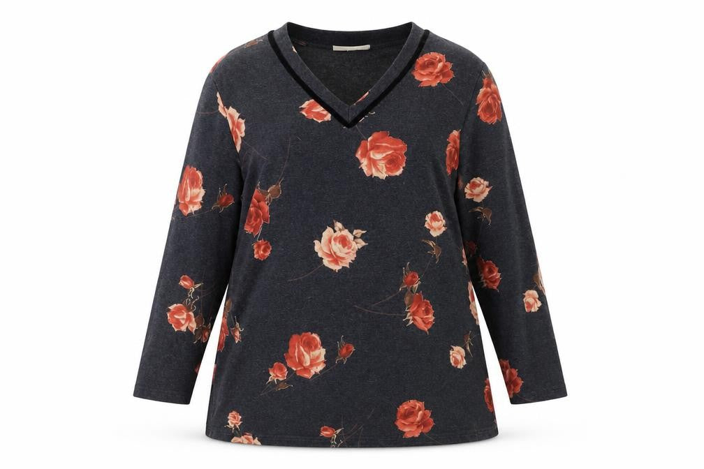 Ann Harvey Women's Black Floral Tunic UK 16 V-Neck