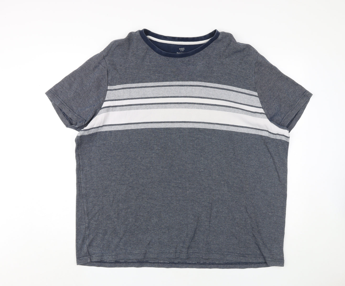 Marks and Spencer Men's Blue 3XL Striped T-Shirt