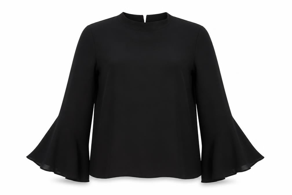 Front view of Warehouse Women's Black Blouse, size 14, Flared Sleeve