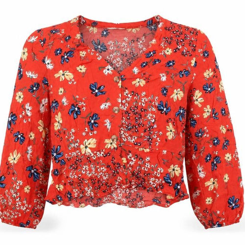 H&M Women’s Red Floral Cropped Blouse Size 10