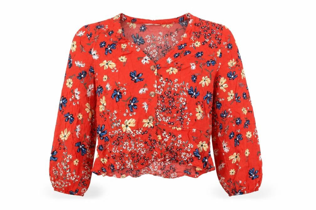 H&M Women’s Red Floral Cropped Blouse Size 10