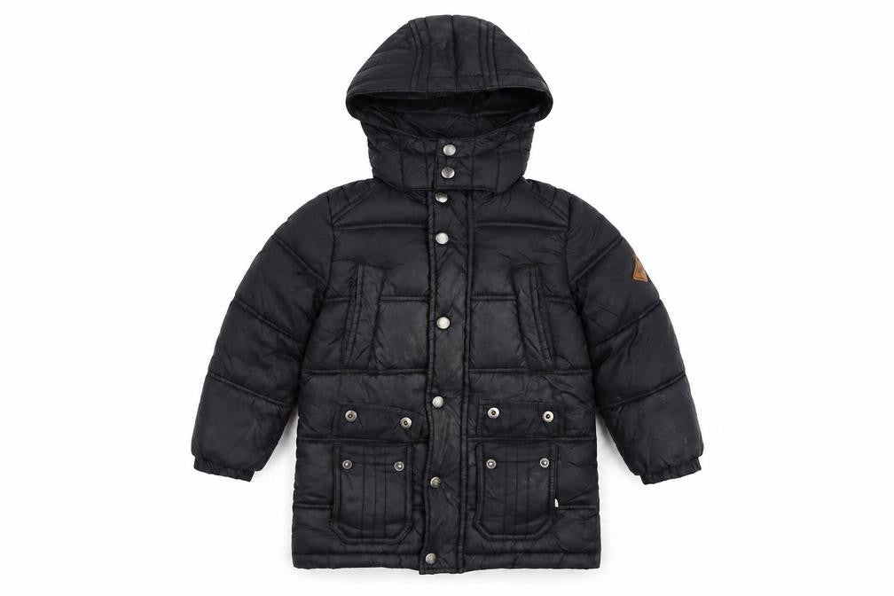 Front view of Joules boys’ black hooded puffer jacket 5 years