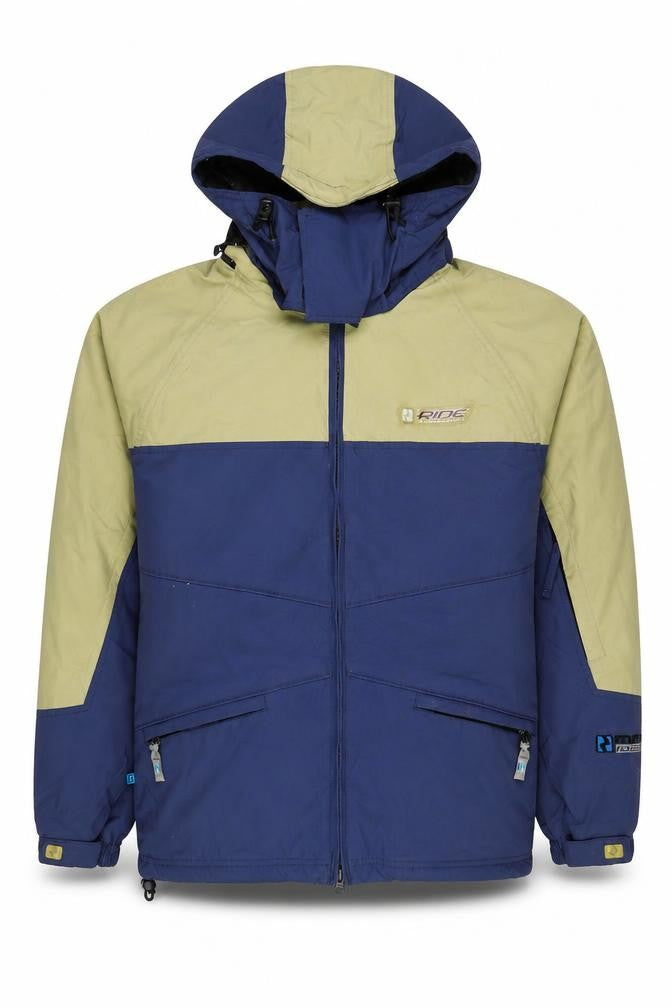 Front view of Ride Snowboards Men's Green Blue Hooded Puffer Jacket S