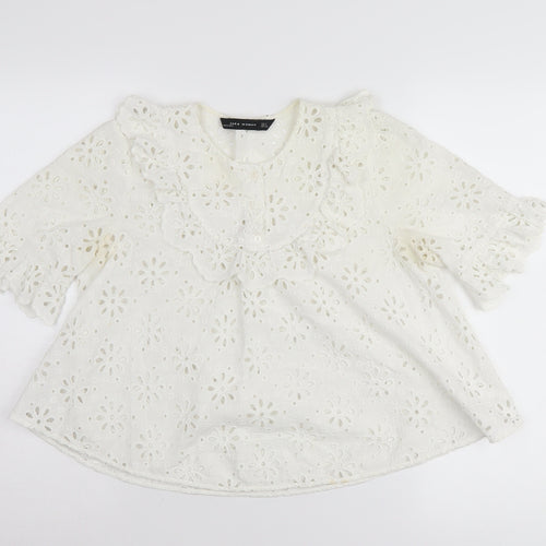 Zara Woman White Floral Lace Blouse, Size S, Short Sleeve