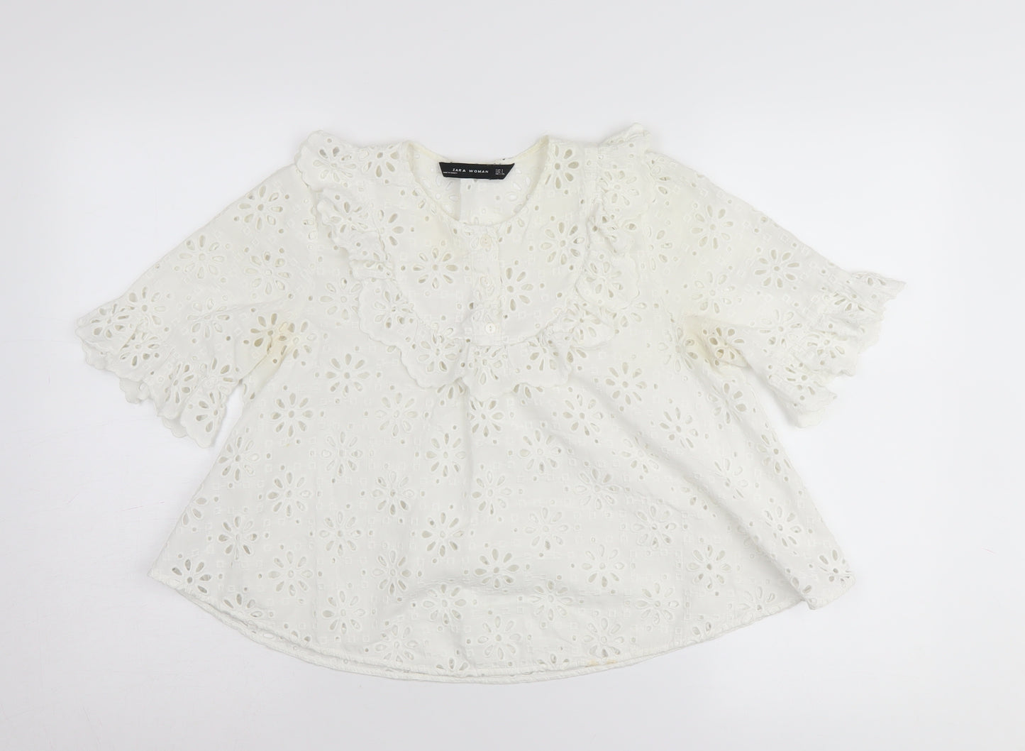 Zara Woman White Floral Lace Blouse, Size S, Short Sleeve