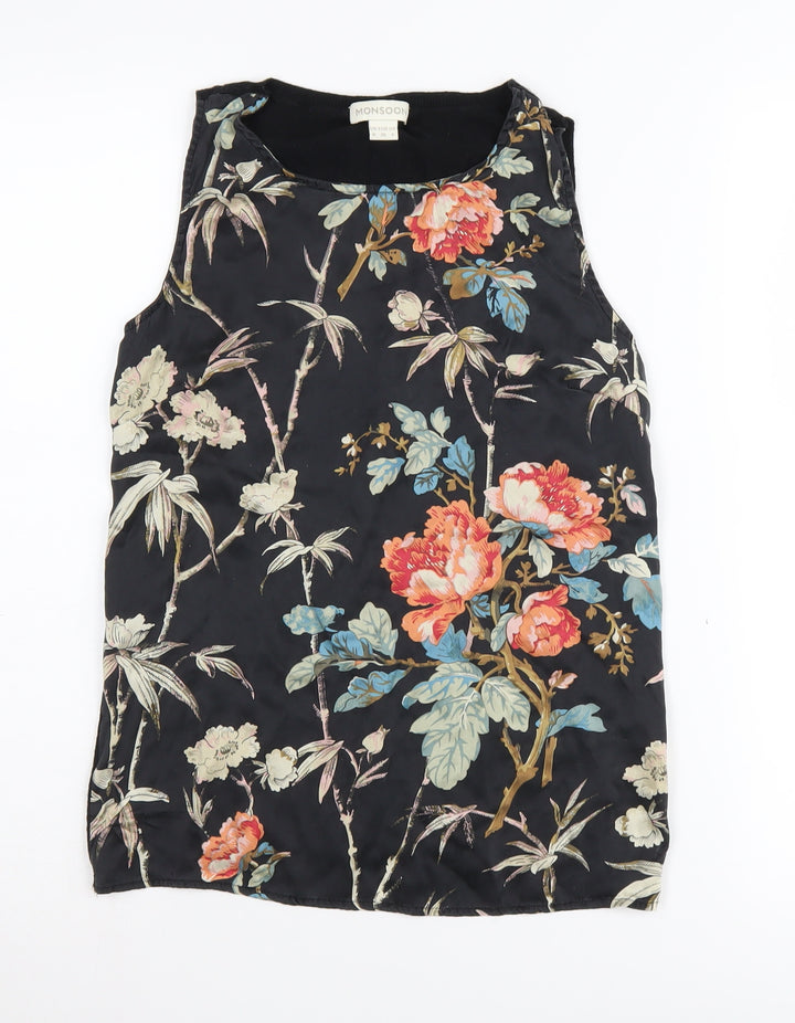 Monsoon Women's Black Floral Silk Tank Top Size 8