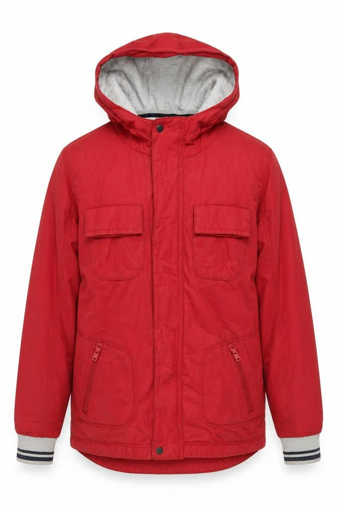 Front view of Jasper Conran boys’ red hooded jacket age 12 mid-length