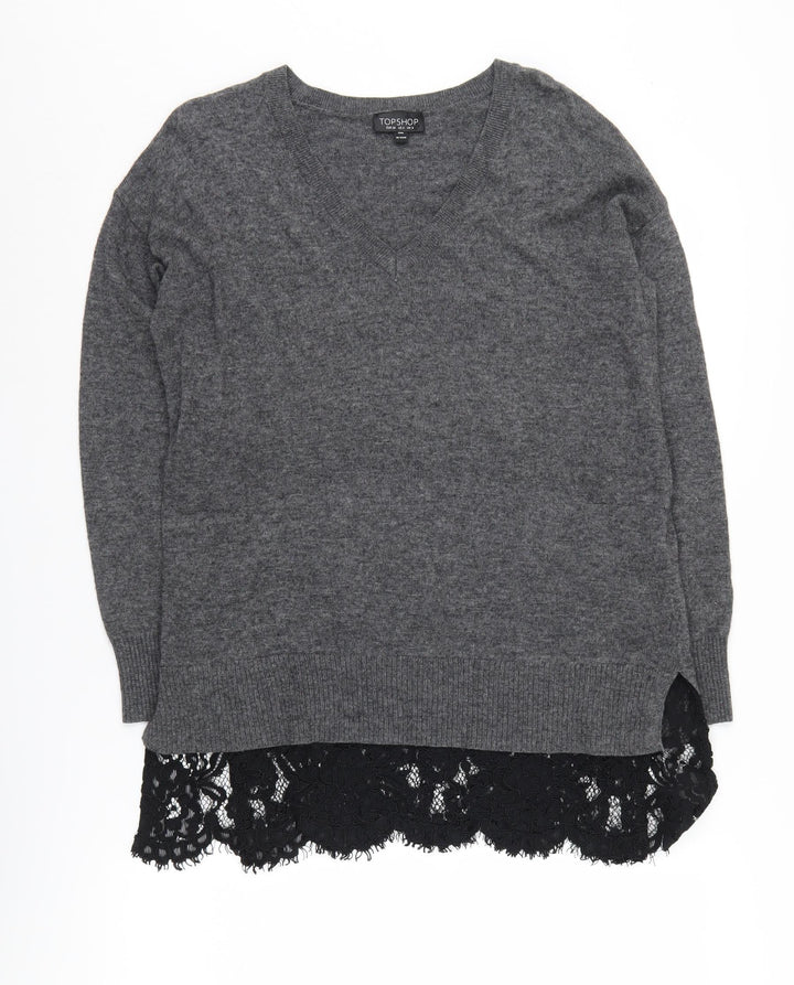 Topshop Women's Grey V-Neck Pullover Jumper, Size 8