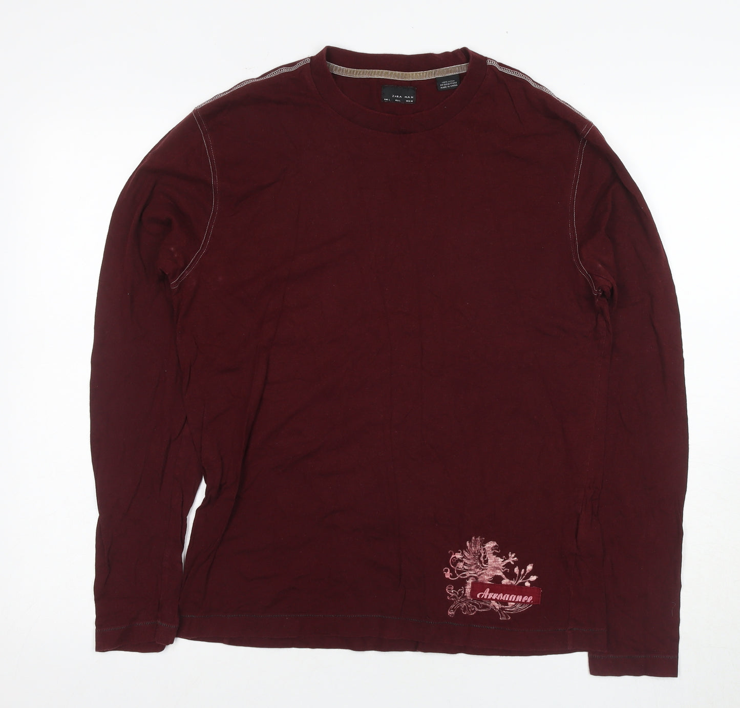 Zara Men’s Red Long Sleeve Cotton T-Shirt Size L