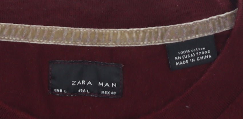 Zara Men’s Red Long Sleeve Cotton T-Shirt Size L