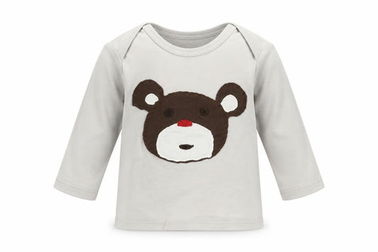 Front view of Baby Boden unisex grey animal print long sleeve t-shirt