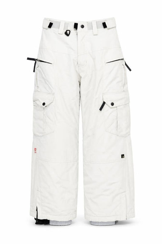 Front view of E408 boys’ white cargo snow trousers m winter ski activewear