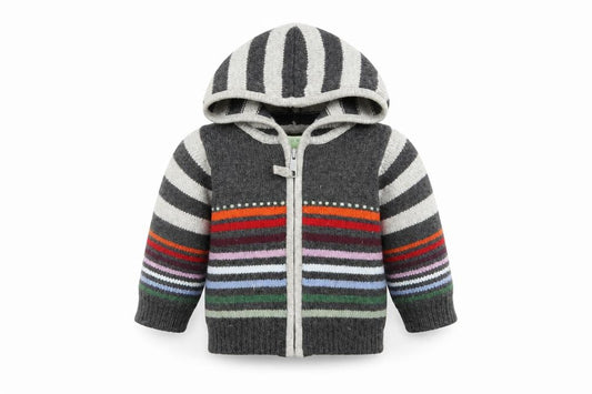Front view of Monsoon unisex baby hooded cardigan, 9-12 months, grey stripe