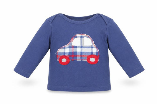 Front view of Baby Boden unisex blue t-shirt, 3-6 months, graphic car print