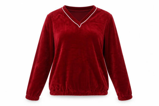 Front view of BHS Red Velour Women's Pullover Sweatshirt -, size M, V-Neck