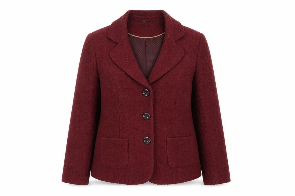 Front view of Isle Women's Red Bouclé Blazer, size 16, Classic Style