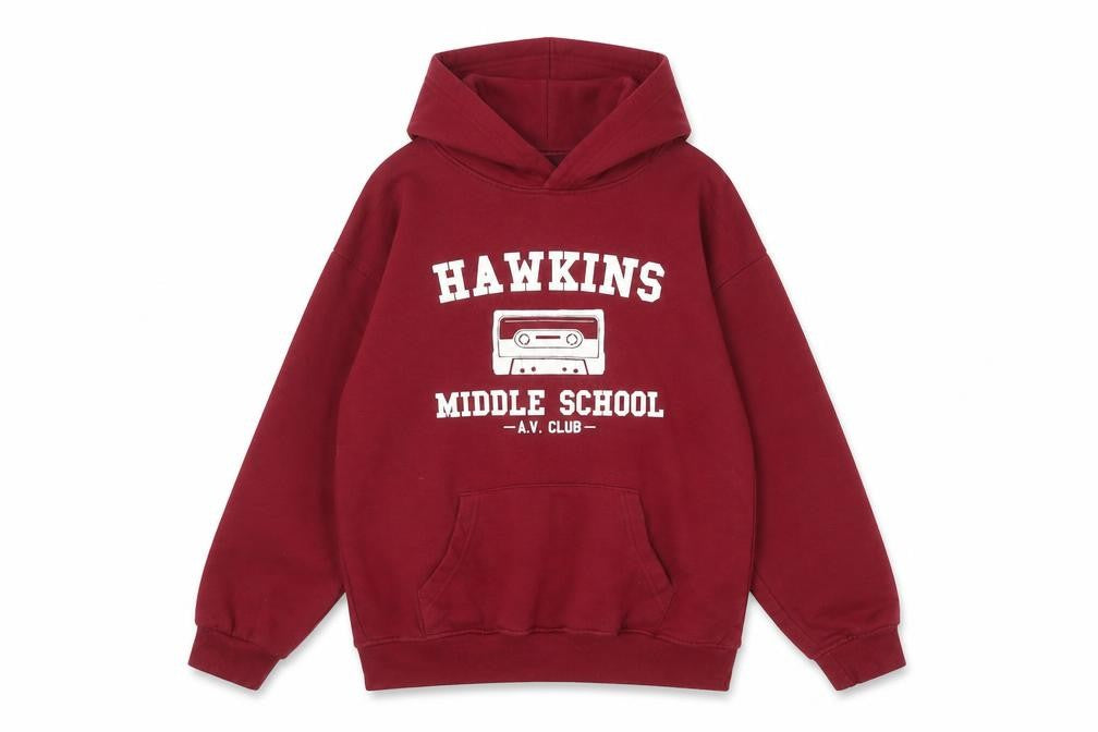 Front view of Uneek boys’ red pullover hoodie 11-12 years