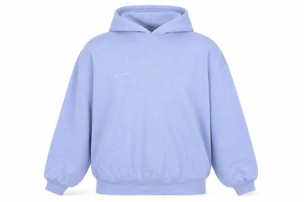 Front view of RE_STYLD unisex blue pullover hoodie s