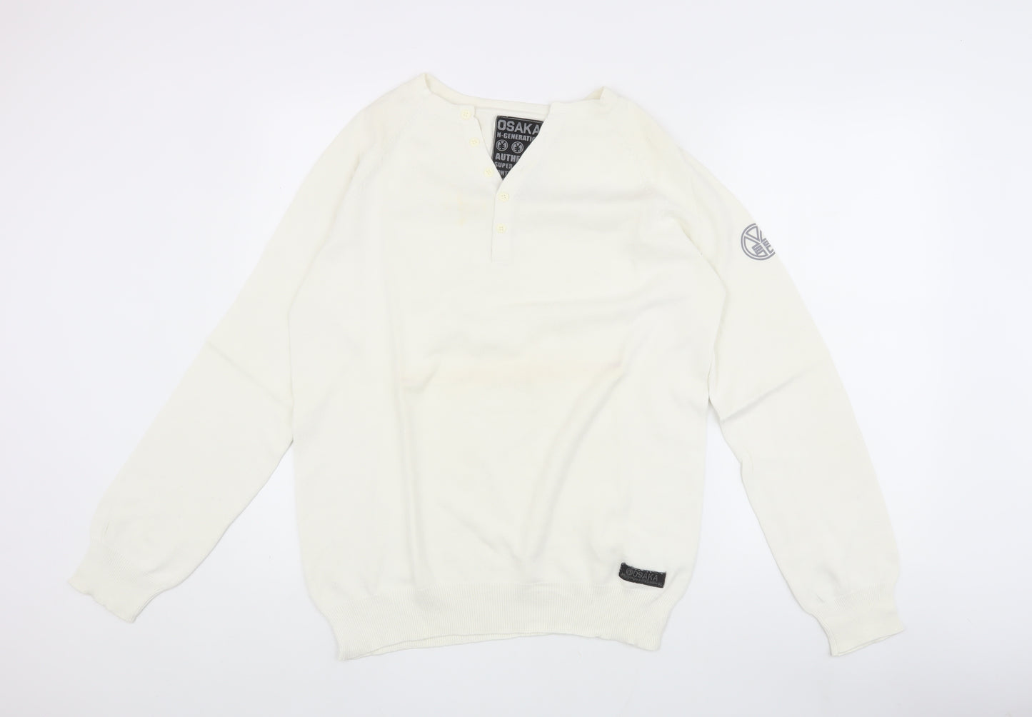 OSAKA N-Generation Men's White Henley Long Sleeve T-Shirt L