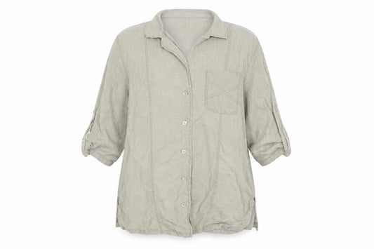 Front view of Sempre Piu Beige Linen Button-Up Women's, size 18