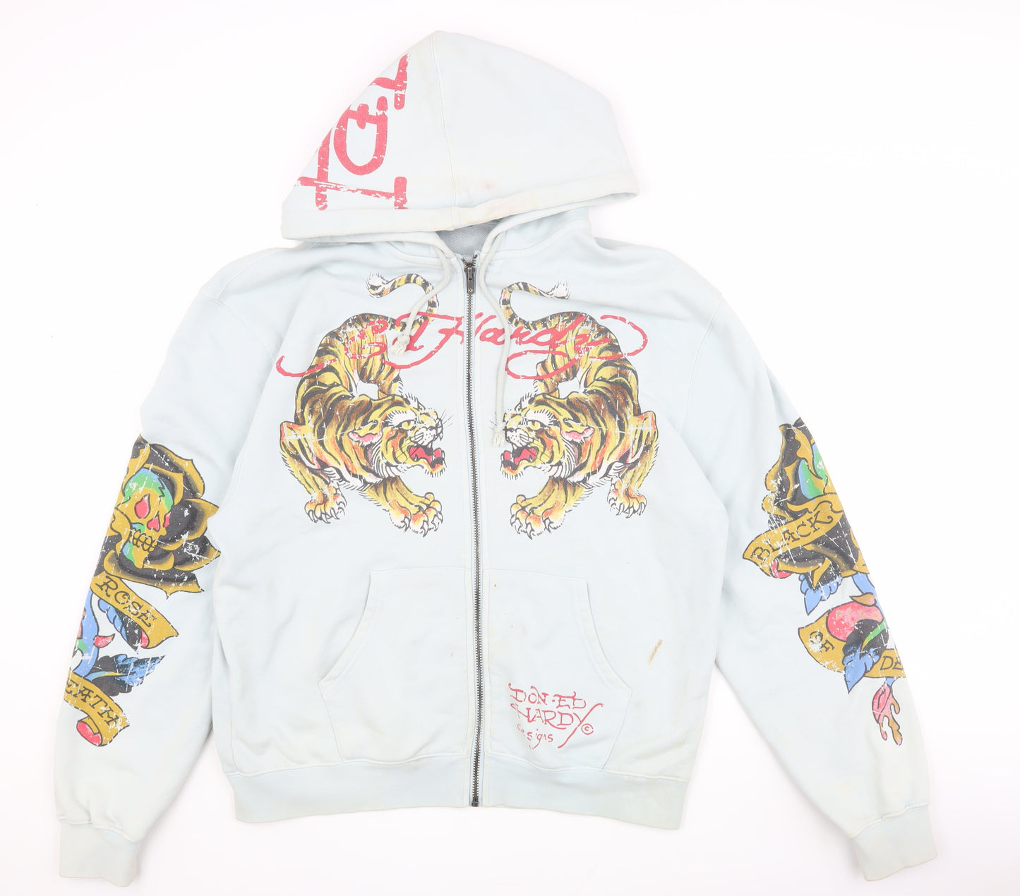 Ed Hardy Men's Grey Full Zip Hoodie, Size M, Tattoo Style