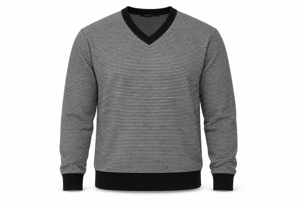 Front view of Dissident Men's M Striped V-Neck Cotton Jumper
