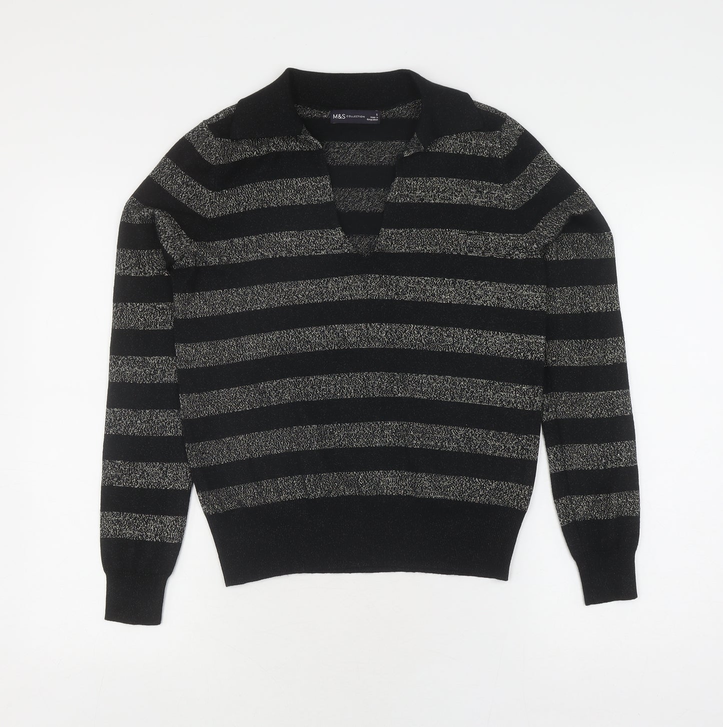 Marks and Spencer Women's Black Striped Collared Jumper Size S