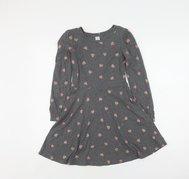 GAP Girls Grey Heart Print Skater Dress L Long Sleeve