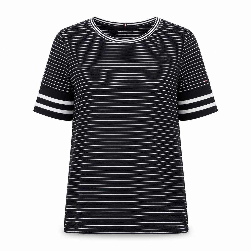 Front view of Tommy Hilfiger Women's Black Striped Jersey T-Shirt