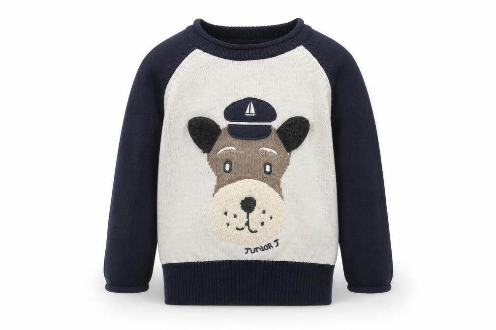 Front view of Junior J unisex baby blue animal jumper 12-18 months