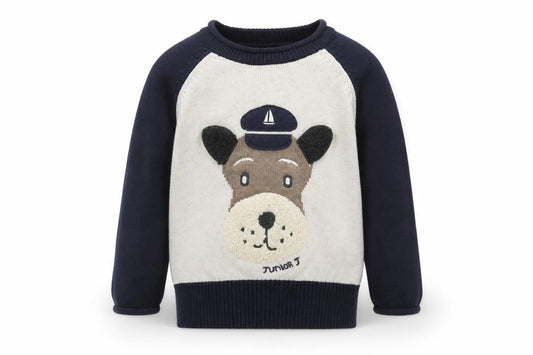 Front view of Junior J unisex baby blue animal jumper 12-18 months