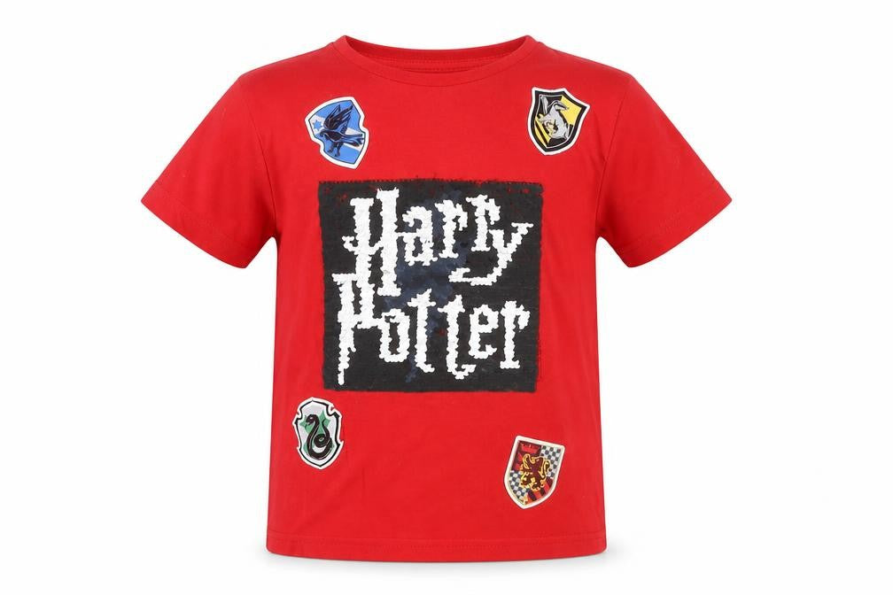 Front view of Harry Potter boys’ red t-shirt with crest, 4-5 years